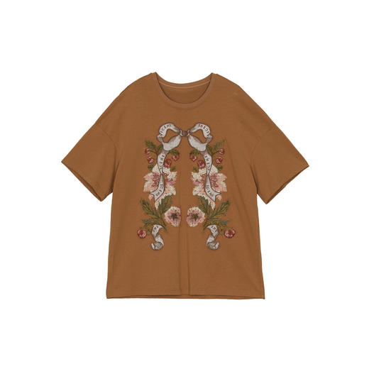 谜底大廓形T恤短袖2026春新品复古贴布绣纯棉宽松上衣女265MT5026 商品图4