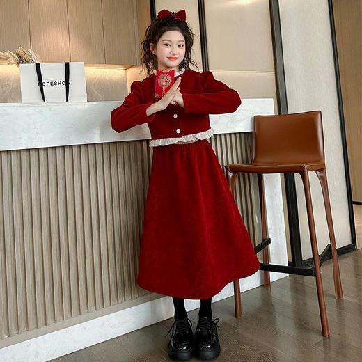 女童小香风套装裙子秋冬中大儿童加厚洋气时髦红色新年装拜年服 商品图1