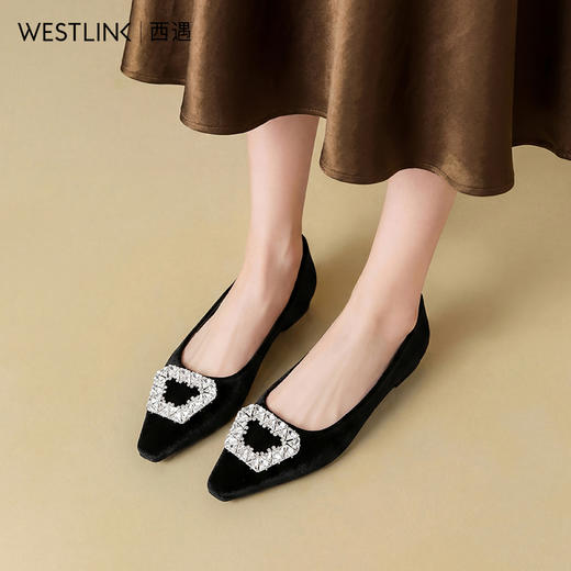 西遇浅口单鞋女2026新款春季尖头水钻方扣通勤一脚蹬女鞋低跟鞋子V0166247 商品图2