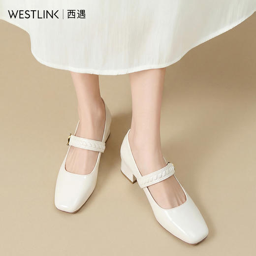 【限时秒杀】西遇方头玛丽珍鞋女鞋2026新款春季浅口一字带小皮鞋法式粗跟单鞋V0166246 商品图2