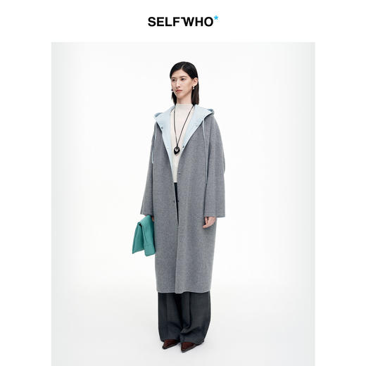 SELFWHO100%绵羊毛灰色双面穿外套女2026春季新款连帽抽绳大衣 商品图2