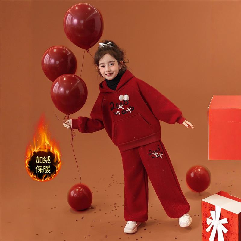女童装连帽衫套装冬季新款儿童新年红色卫衣裤子拜年服加绒两件套