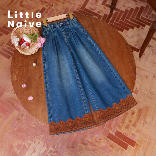 【云优选】Little Naive儿童阔腿牛仔裤早春新款宽松休闲裤女童百搭花边裤子 商品图2