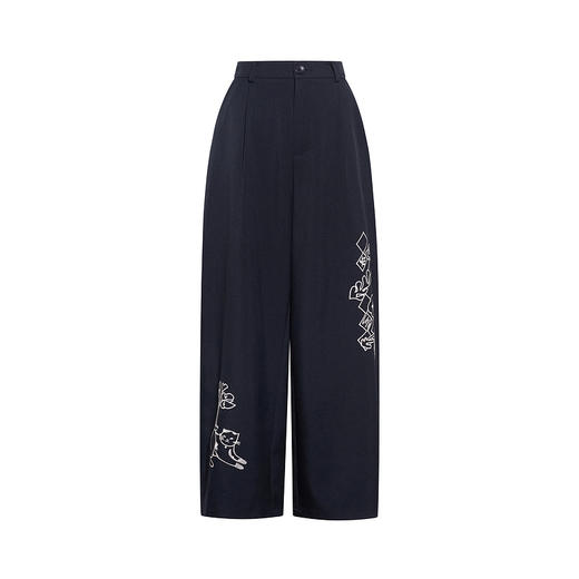 两三事 墨色静流 2026春季新款复古刺绣阔腿裤女宽松休闲裤 商品图4