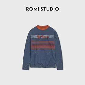ROMI STUDIO“美式街头”色织定染竹节棉撞色做旧印花T恤RWCASY6440