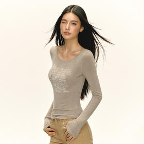 Ariseism 美式复古浅卡其字母长袖上衣T恤女春季新款修身上衣