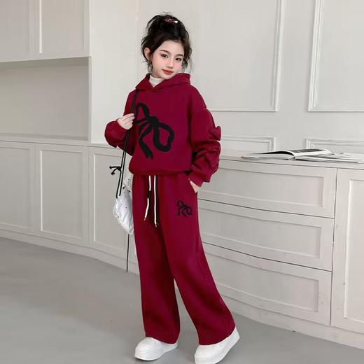 女童红色新年服秋冬新款中大童连帽卫衣阔腿裤冬季保暖加绒两件套 商品图2