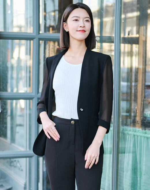 皮尔卡丹女装黑色网纱三醋酸西服上衣外套女P52005U5032B0 商品图5