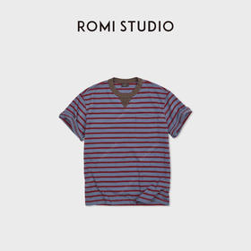 ROMI STUDIO"休闲复古"100%棉亲肤条纹撞色v领短袖T恤 RWDRSU1535