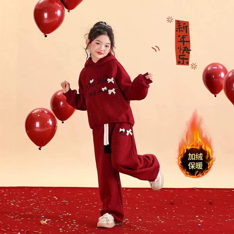 儿童红色套装新年秋冬加绒喜庆拜年服12岁本命年衣服过年红色套装