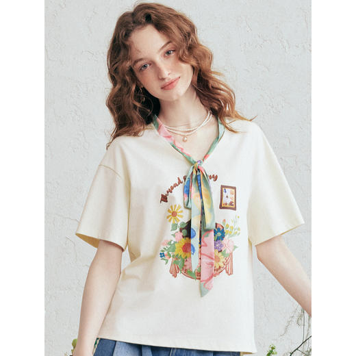 两三事 海盐天空 2026春季新款小清新绑带v领印花短袖T恤女 商品图2