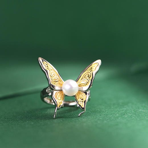 【蝴蝶女神】S925银镀金淡水珍珠蝴蝶可调节戒指【SCH-SY24129】 商品图0