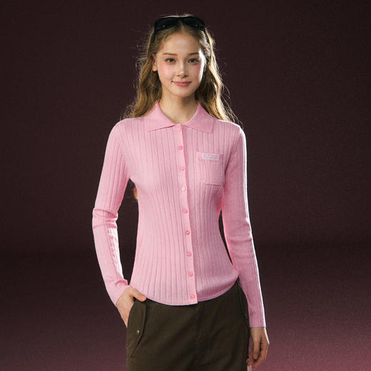 Ariseism 美式复古粉色翻领长袖针织上衣女春季新款 商品图0