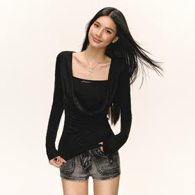 Ariseism 美式复古荡领假两件长袖T恤女春季新款修身上衣