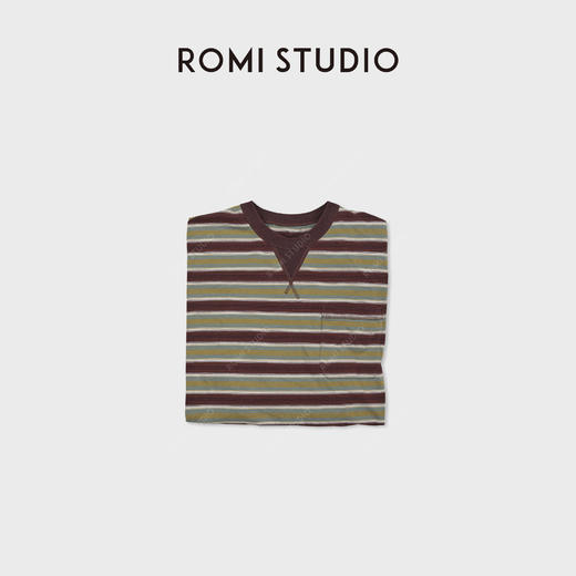 ROMI STUDIO“美式复古”棉质舒适条纹撞色V领长袖T恤 RWDSSD1751 商品图2