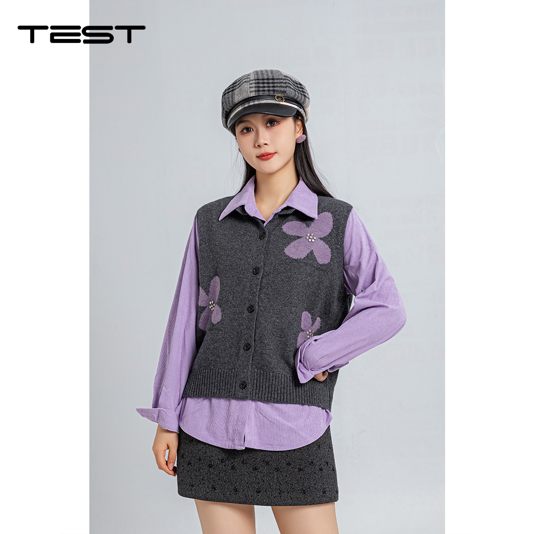 春上新紫灰撞色花朵刺绣针织马甲+长袖衬衫叠穿两件套1261021