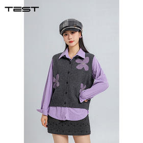 春上新紫灰撞色花朵刺绣针织马甲+长袖衬衫叠穿两件套1261021