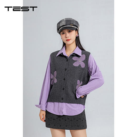 春上新紫灰撞色花朵刺绣针织马甲+长袖衬衫叠穿两件套1261021 商品图0