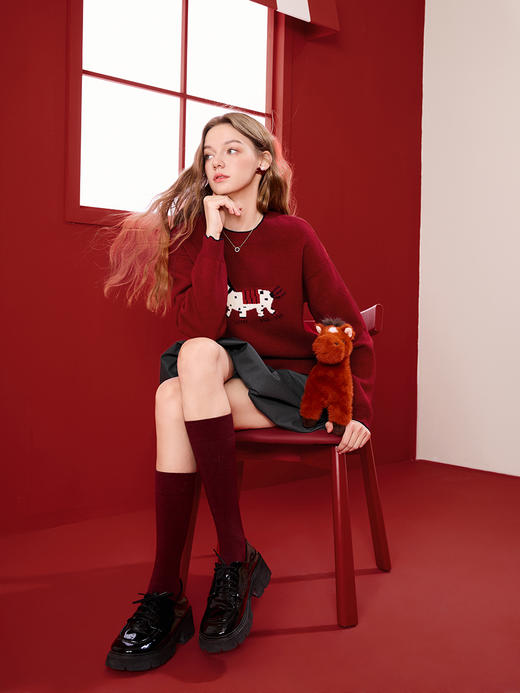 【百图lulu定制】【马到成功贺岁毛衫】百图趣味萌宠毛衣秋冬女生新年毛衫 商品图5