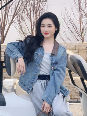 【百图lulu定制】【香港牛仔外套】皮质衣领  新疆长绒棉 复古磨白水洗牛仔外套