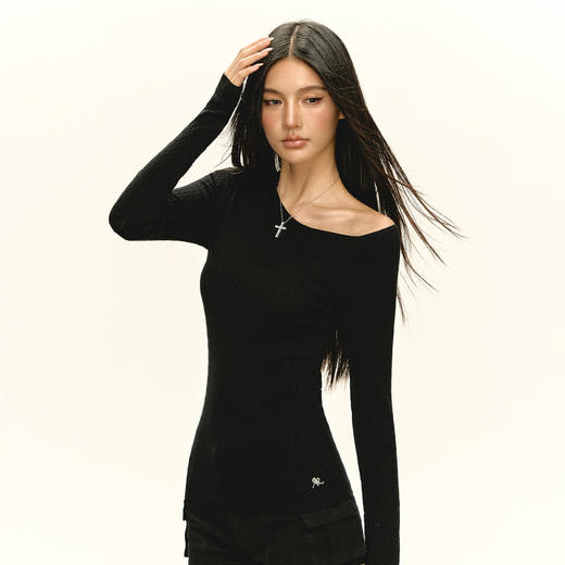 Ariseism 美式复古设计感斜肩长袖针织衫毛衣女春季新款修身上衣 商品图0