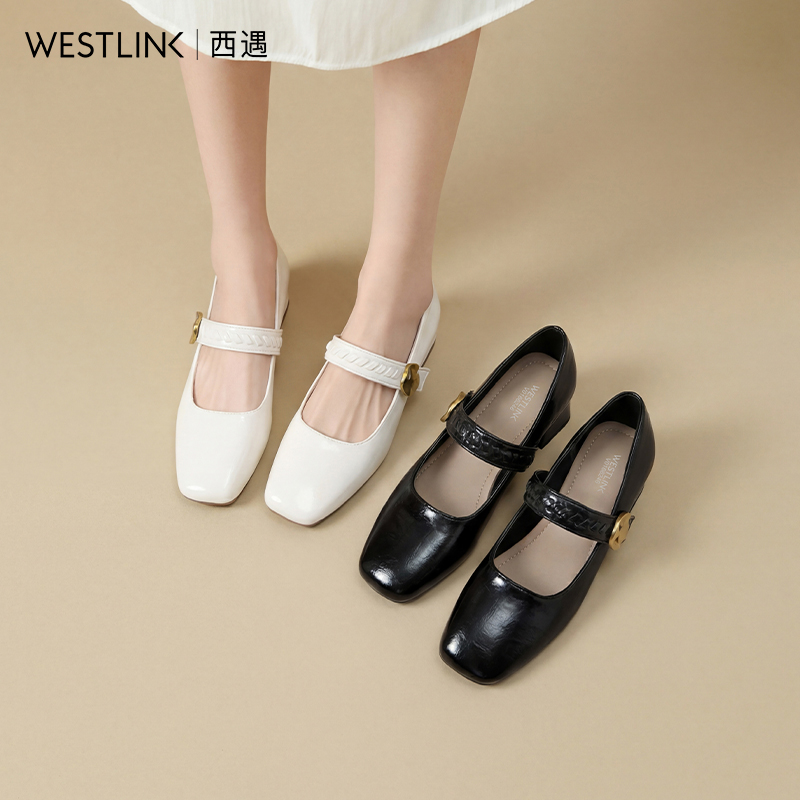【限时秒杀】西遇方头玛丽珍鞋女鞋2026新款春季浅口一字带小皮鞋法式粗跟单鞋V0166246