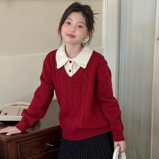 女童学院风毛衣秋冬新款儿童装洋气红色新年服女孩针织衫 商品图1