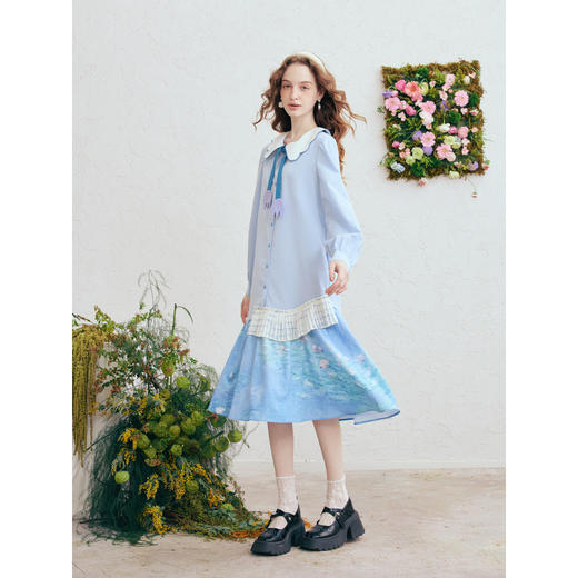 两三事梦溯芳泽2026春季新款印花裙摆可拆郁金香领带娃娃领连衣裙 商品图2