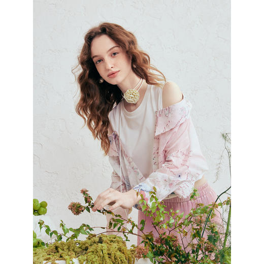 两三事梵高文艺玫瑰引力2026春新款甜美印花拼接露肩假两件衬衫女 商品图1