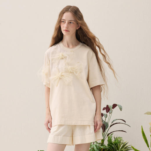 谜底宽松T恤短袖2026年春季新品欧根纱蝴蝶结甜美日常女261MT0246 商品图0