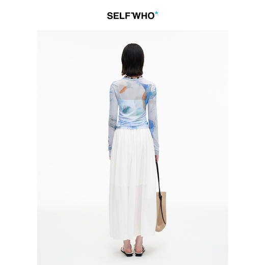 SELFWHO绿绒蒿系列印花打底衫女2025秋新款修身半透网布打底上衣 商品图1