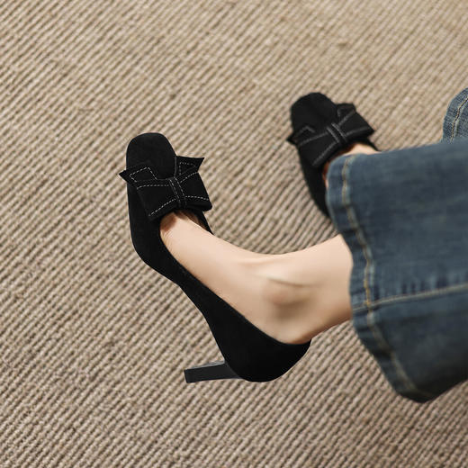 阿么手工女鞋2026春季优雅蝴蝶结浅口单鞋百搭新款气质高跟鞋8CM 商品图2