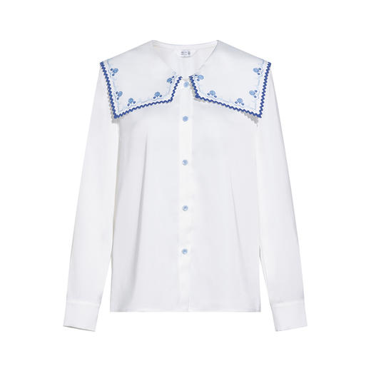 两三事 旷野晴空 2026春季新款小清新印花织带海军领长袖衬衫女 商品图4