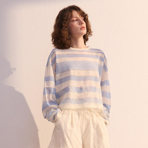 谜底短款套头针织衫长袖2026年春季新品条纹拼接蕾丝女261MZ0313 商品图1