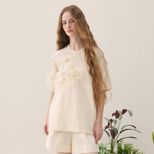 谜底宽松T恤短袖2026年春季新品欧根纱蝴蝶结甜美日常女261MT0246 商品图1