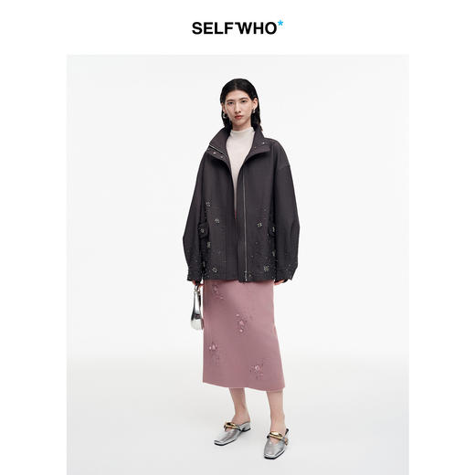 SELFWHO100%绵羊毛钉珠珠片半身裙女2026春季新款H型直筒开衩半裙 商品图2