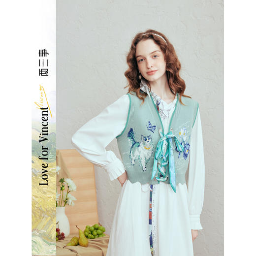 两三事梵高文艺青野伴游2026春季新款小清新印花绑带提花针织衫女 商品图0