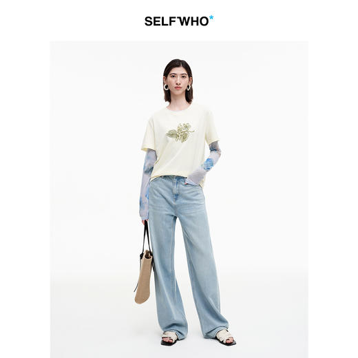 SELFWHO绿绒蒿系列印花打底衫女2025秋新款修身半透网布打底上衣 商品图2