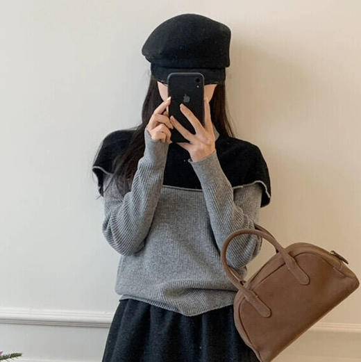 【清仓！不退不换！】韩系撞色Polo领假两件针织衫 显瘦时尚打底 商品图1
