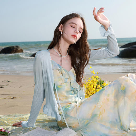 【莱赛尔】三彩2026春季新款系带小开衫长袖木耳边针织衫修身M 商品图1