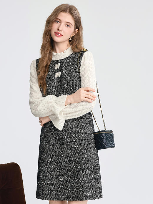 【百图lulu定制】【香风连衣裙】设计感 蝴蝶结点缀冬季连衣裙小香风氛围感拼色通勤 商品图0