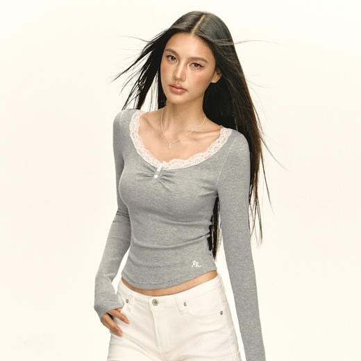 Ariseism 美式复古设计感蕾丝长袖T恤女春季新款修身内搭打底上衣 商品图1