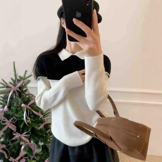 【清仓！不退不换！】韩系撞色Polo领假两件针织衫 显瘦时尚打底 商品图0