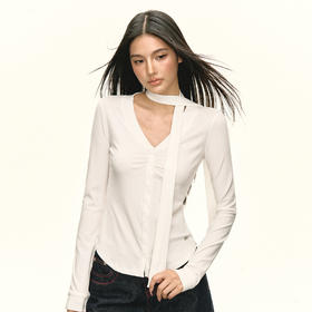 Ariseism 美式复古设计感白色飘带长袖开衫T恤女春季新款修身上衣