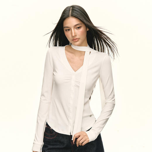 Ariseism 美式复古设计感白色飘带长袖开衫T恤女春季新款修身上衣 商品图0