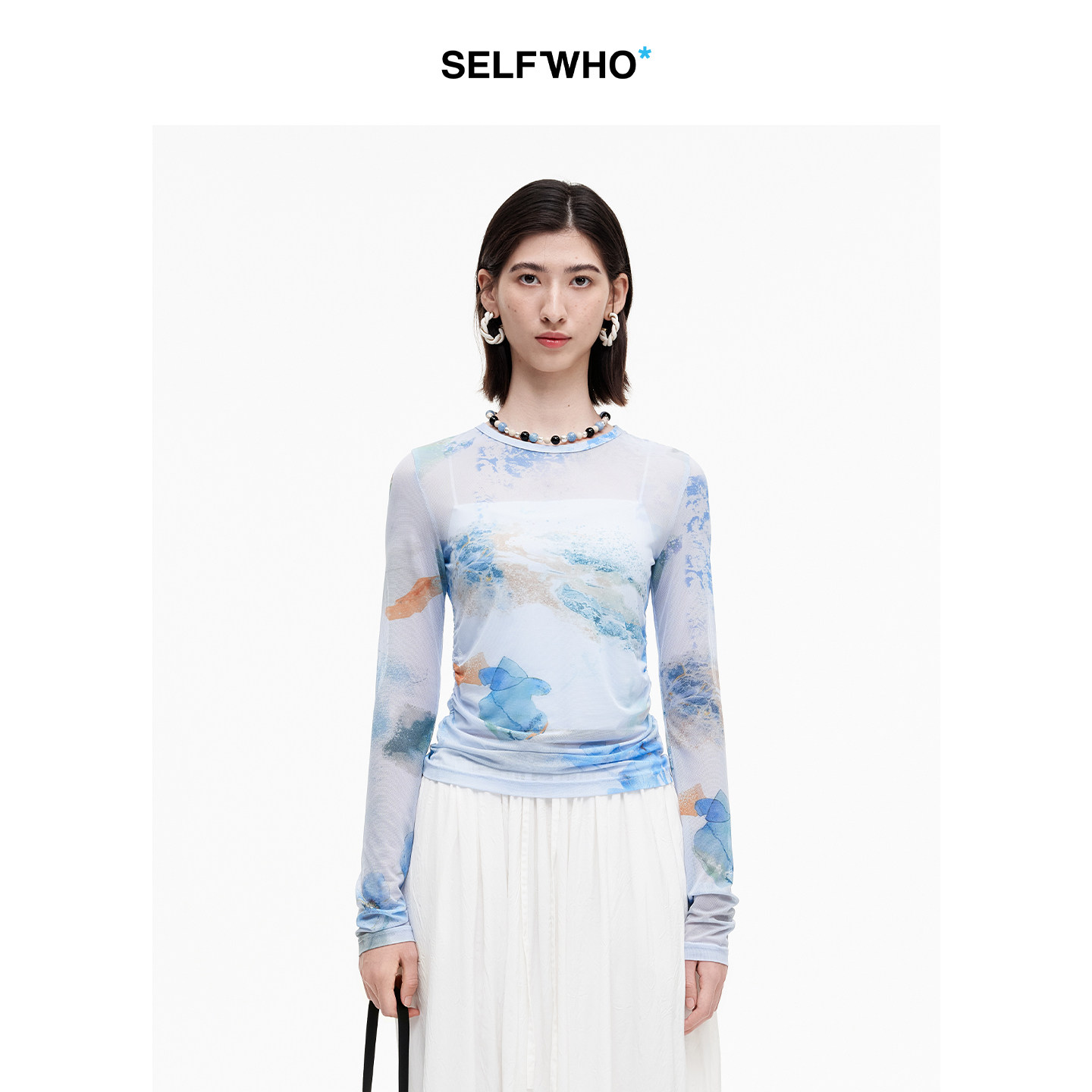 SELFWHO绿绒蒿系列印花打底衫女2025秋新款修身半透网布打底上衣