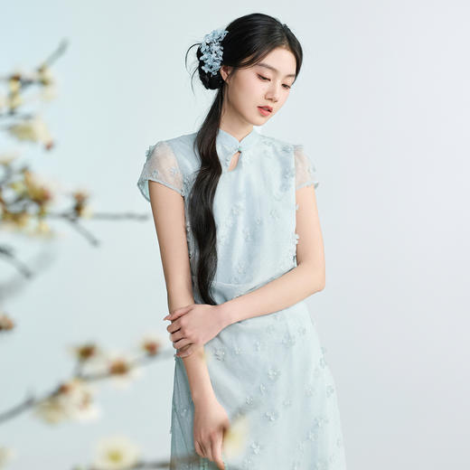 三彩2026春季新款新中式连衣裙假两件拼接立体花朵长裙M 商品图2