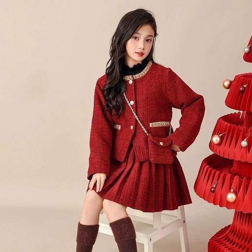 女童淑女小香风新年红色两件套秋冬季新款学生女孩拜年服公主套装 商品图3