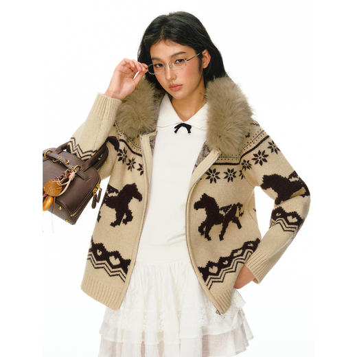 Ariseism 美式复古设计感米色麋鹿费尔岛毛衣开衫女春秋新款外套 商品图0