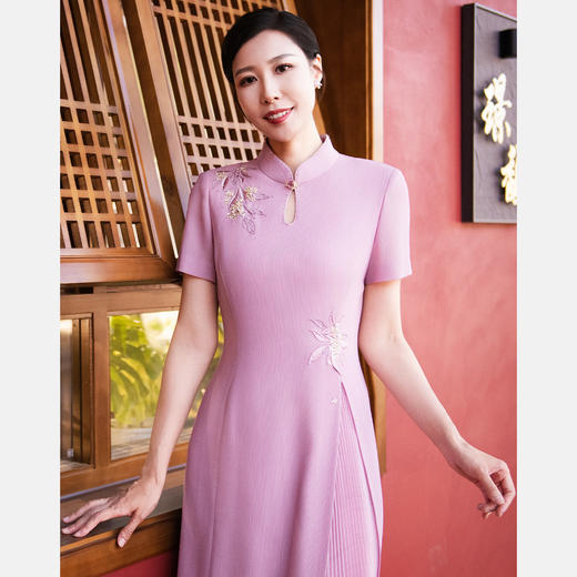 皮尔卡丹女装粉色旗袍领连衣裙P52003D5017F0 商品图3